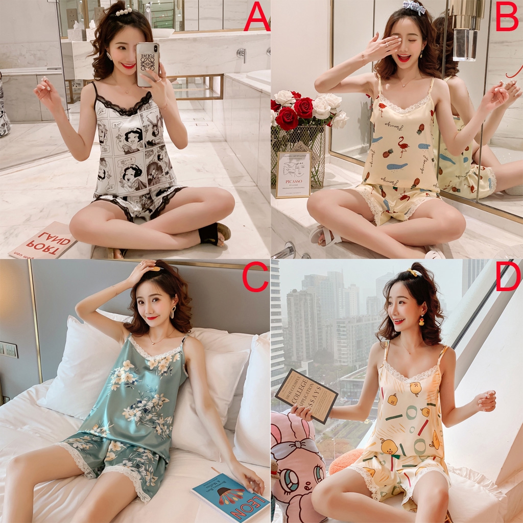 Women Silk  Satin  Baju  Tidur  Sleepwear  Girls Pyjamas Set 