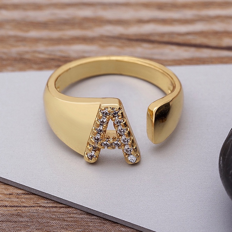 Fashion Chunky Wide Hollow AZ Letter Gold Color Opening Ring Initials