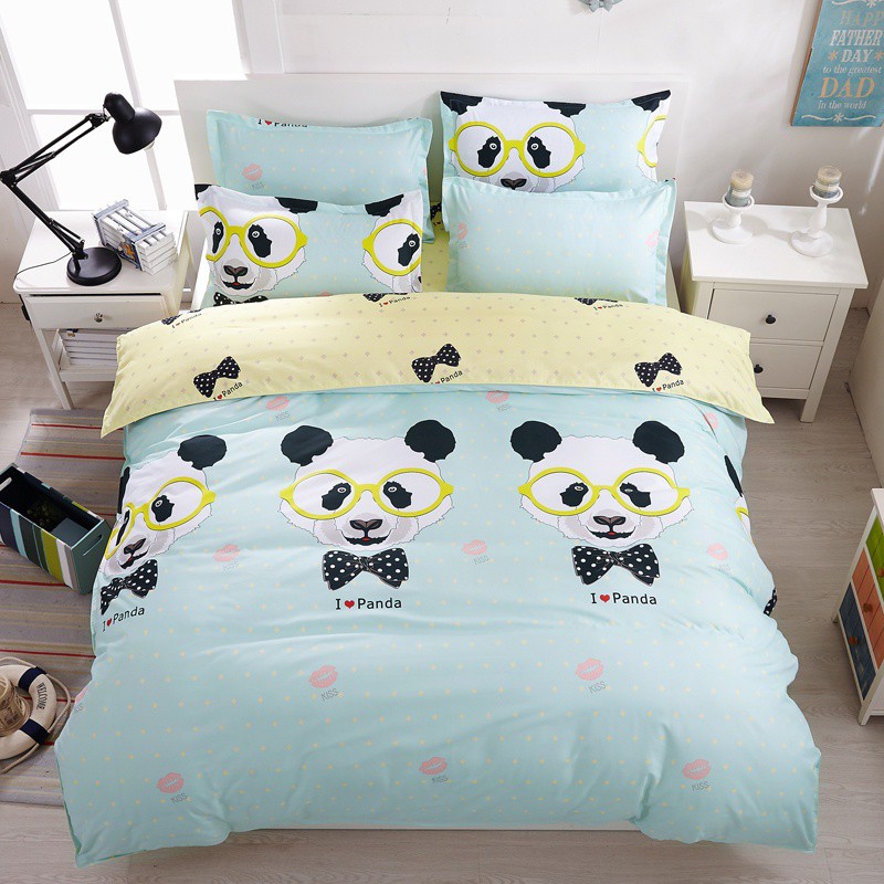 Blend Cotton Kids Adult Cartoon Yellow And Blue Bed Set Panda