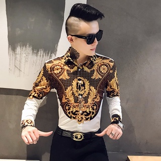 Luxury Paisley Black Gold Printed Shirt Men's Royal Club Clothing Korean Men's Slim Long Sleeve Shirt Tuxedo Shirt #4