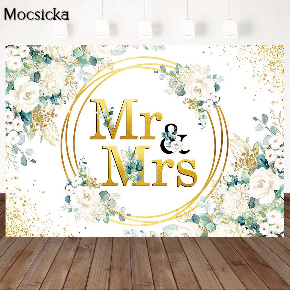 Mr&Mrs Wedding Anniversary Women Birthday Photography Backdrops Gold