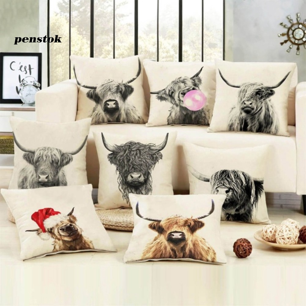 Ready Stock Home Art Highland Cow Cattle Linen Pillow Case