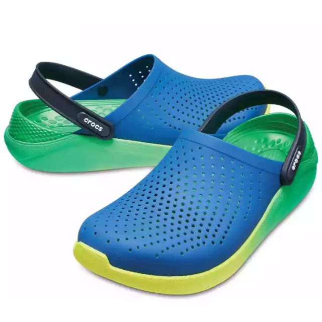 green and blue crocs