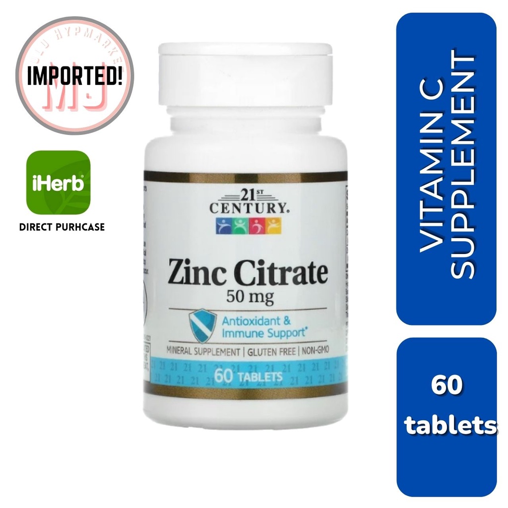 21st CENTURY, Zinc Citrate, 50mg, 60pcs Easy Swallow Tablets, Imported