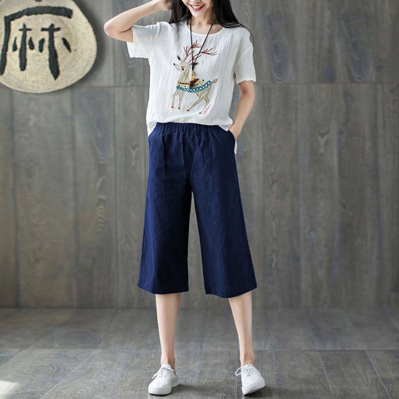 ZAKIO Summer Linen Baggy Pants for Women Loose Casual Comfy Plain Workout Fitness Elastic Waist Wide Leg Capri Trousers 