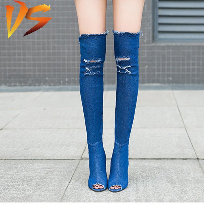 denim boots knee high