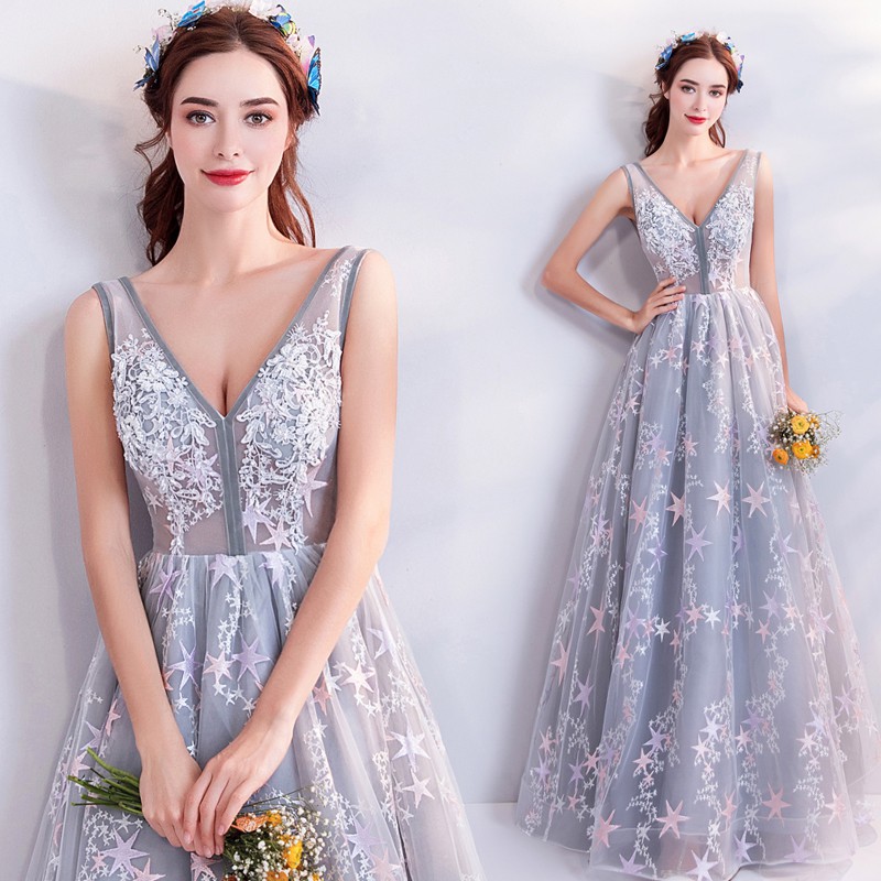 Silver Lace Embroidery Wedding Gown Evening Dress Shopee Philippines