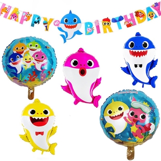 1set Cartoon Baby Shark Theme Happy Birthday Flag Aluminium Foil Balloon Decoration Ballons Deco Party #1