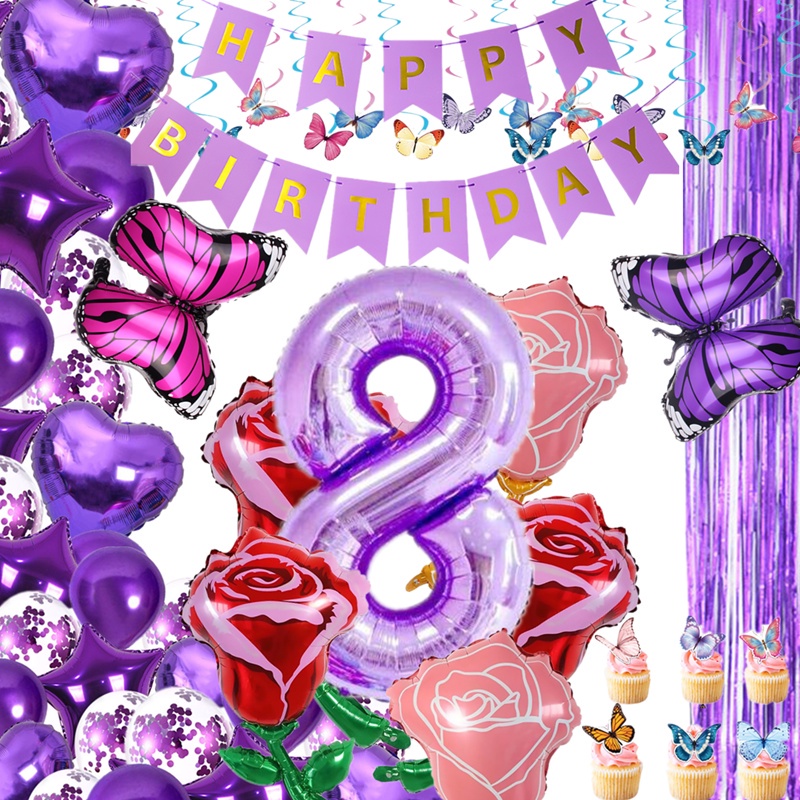 Purple Butterfly Theme Birthday party Curtain Background Cake Topper Banner Tassel Sequin Balloon Wedding Birthdays Happy Party Decors Supplie