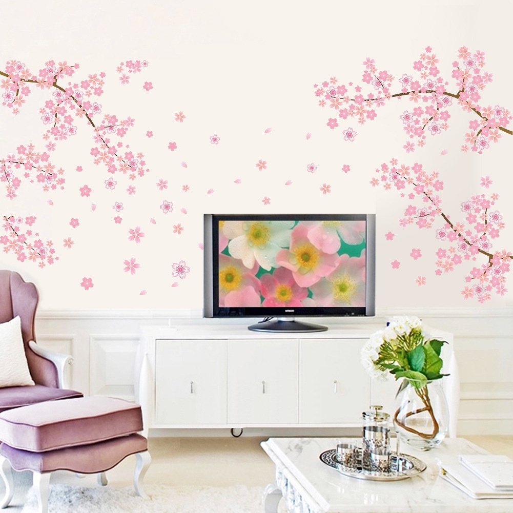 2 Pcs Pink Cherry Blossom Wall Stickers / Beautiful Flower Tree Branch Art Decals DIY Sofa Background Room Decor