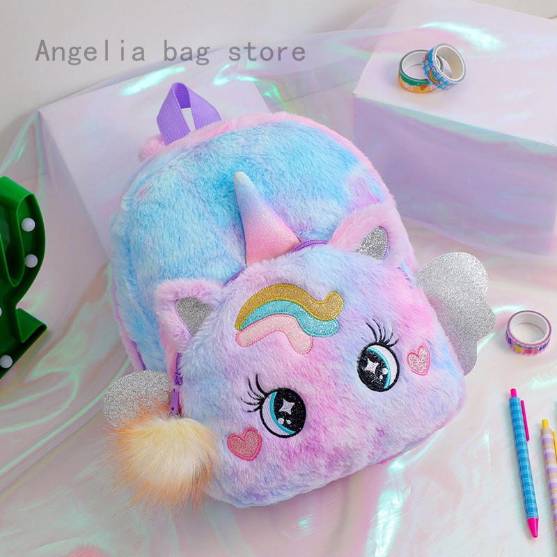 Rainbow Fluffy Unicorn Backpack Plush Back To School Rucksack Zipper ...