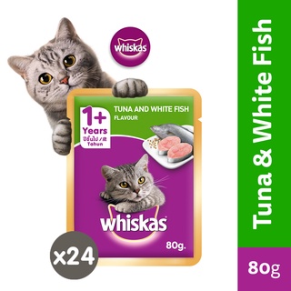 WHISKAS Cat Food Wet Pouch - Tuna and White Fish Flavor Wet Food for 1+ Years Cats (24-Pack), 80g.