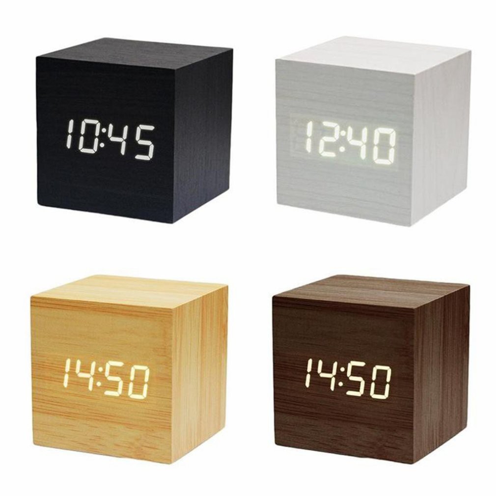 Unique Cube Wooden Wood Digital LED Desk Voice Control Alarm Clock Thermomete KK 