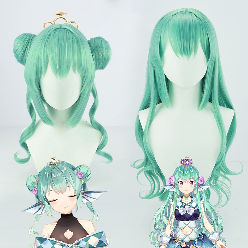 Freeman Vtuber Finana Ryugu Cosplay Wig Green Buns Long Curly Wavy Hair