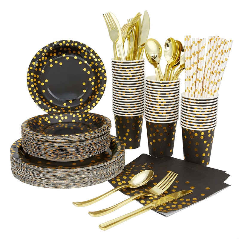 Black Gold Polka Dot Party Decorative Tableware Set Paper Plates Disposable Includes Cup Spoon Birthday Party Suppliers