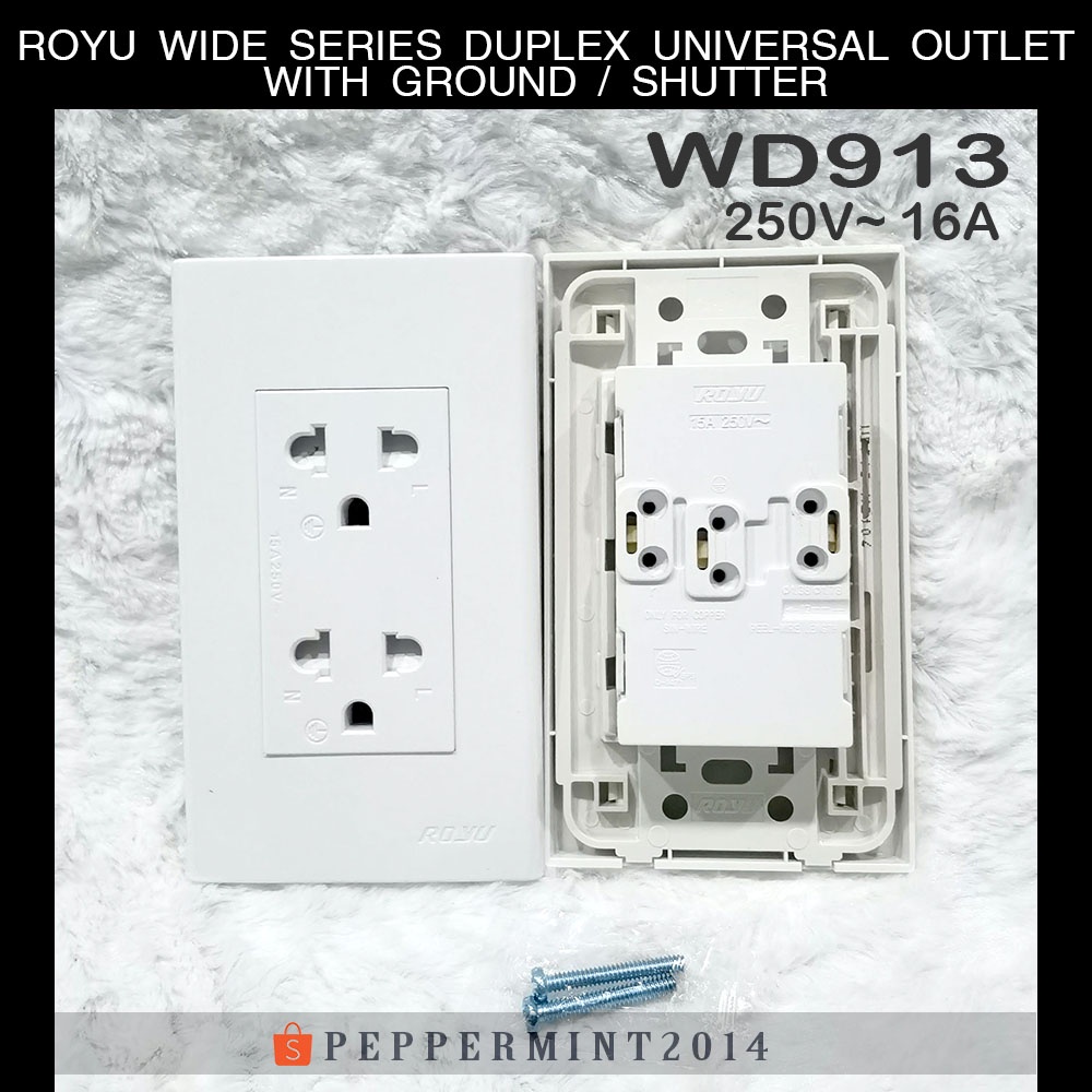 Royu Wide Series Duplex Universal Outlet with Ground Shutter 2 gang