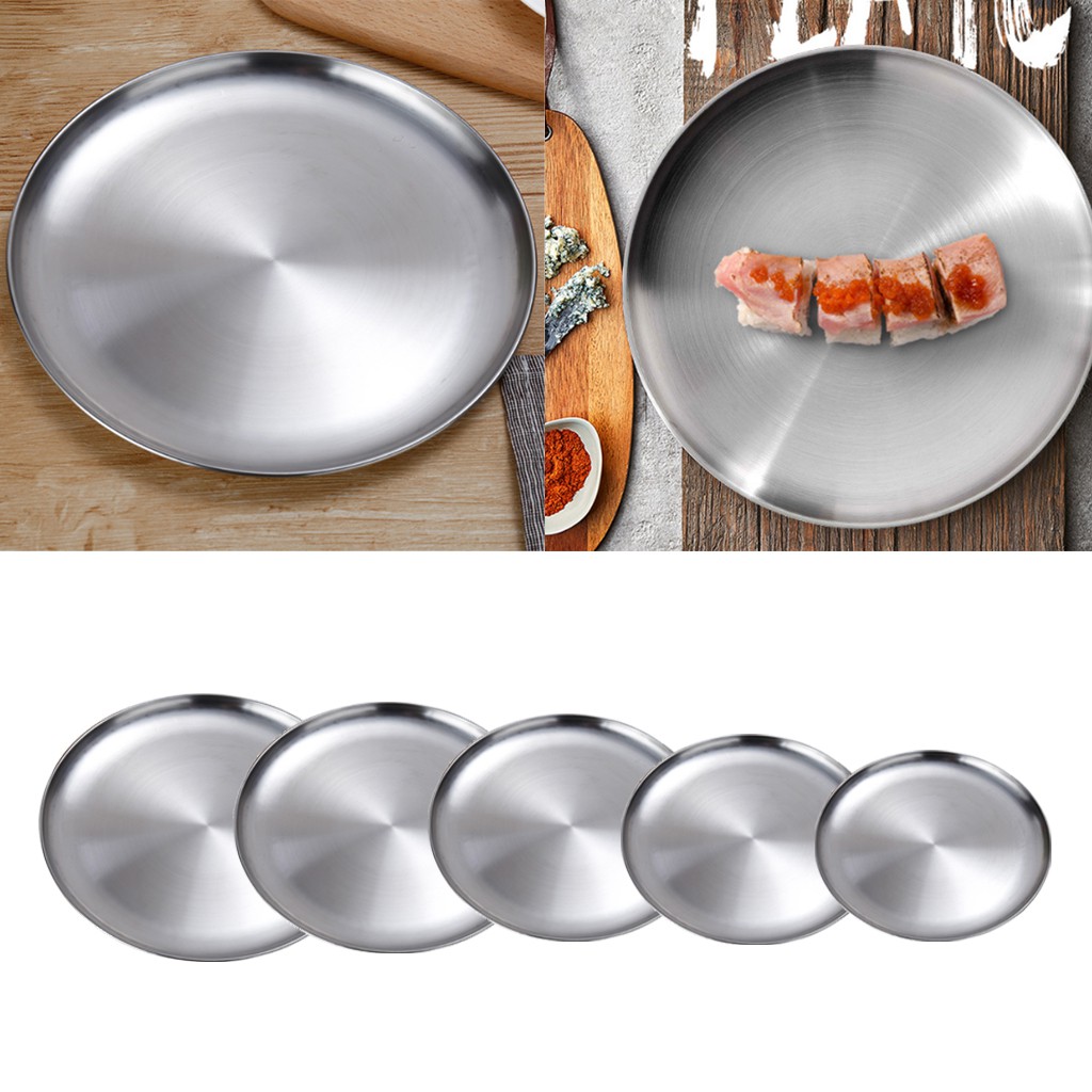 Round Stainless Steel Flat Dish Dinner BBQ Serving Plate Snack Platter