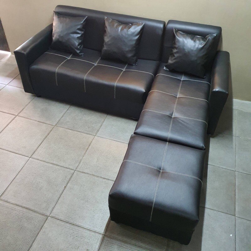 L Shaped Black Leather Sofa Set Baci Living Room