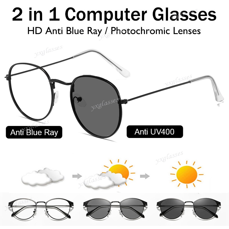 Photochromic Glasses Anti Radiation Round Glasses Metal Frame Anti Blue Light Computer