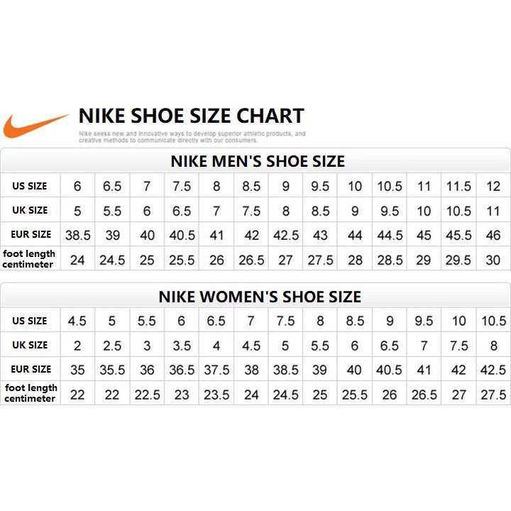 nike men's and women's shoe size chart