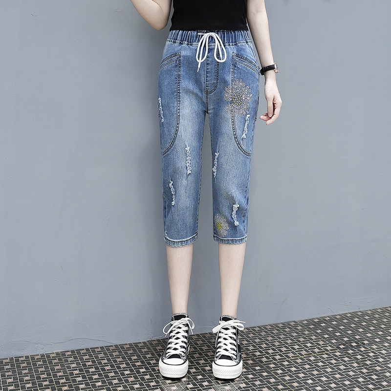 high waisted three quarter length jeans