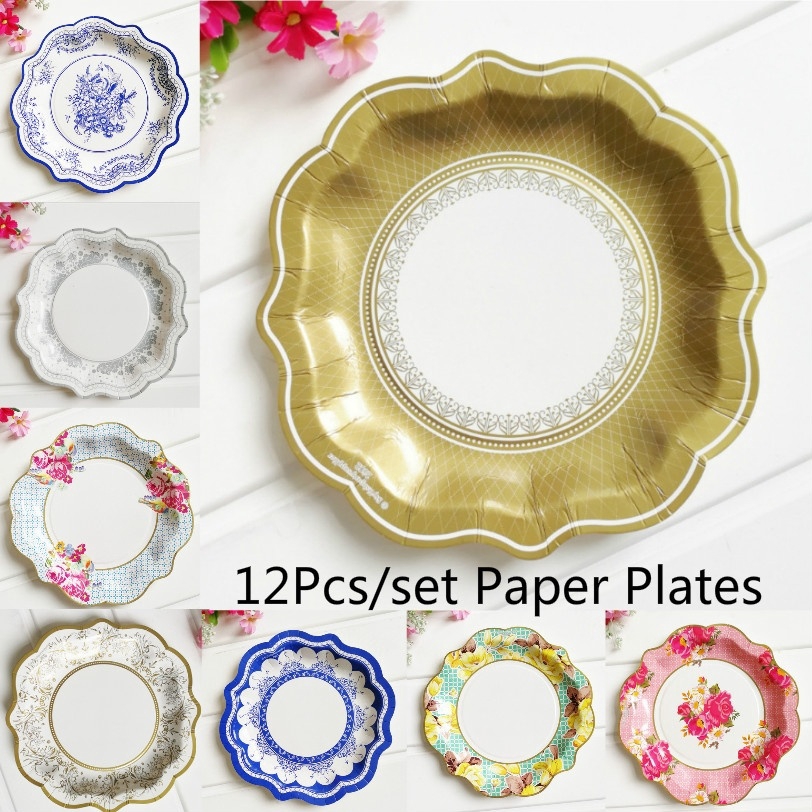 12Pcs/Pack Disposable Paper Plates MultiColoured Floral Vintage Traditional Afternoon Tea Party