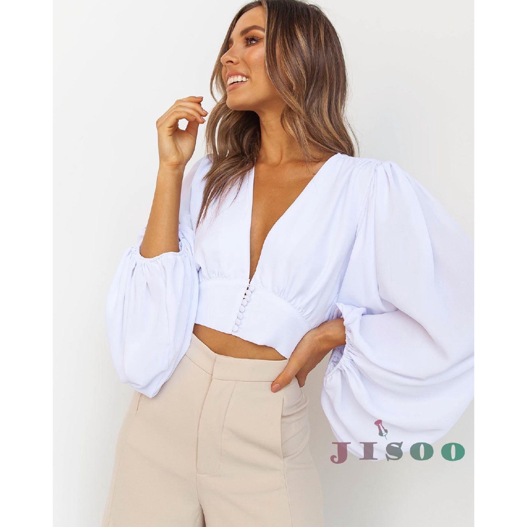 I Iwomen S Crop Tops Sexy Deep V Neck Bishop Long Sleeve Cropped Blouse Top Button Down Shirts Shopee Philippines