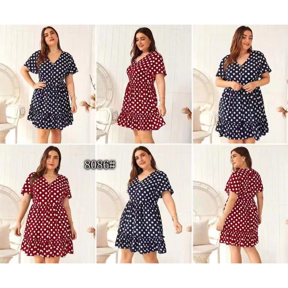 Plus size v-neck polka dots dress #8086 | Shopee Philippines