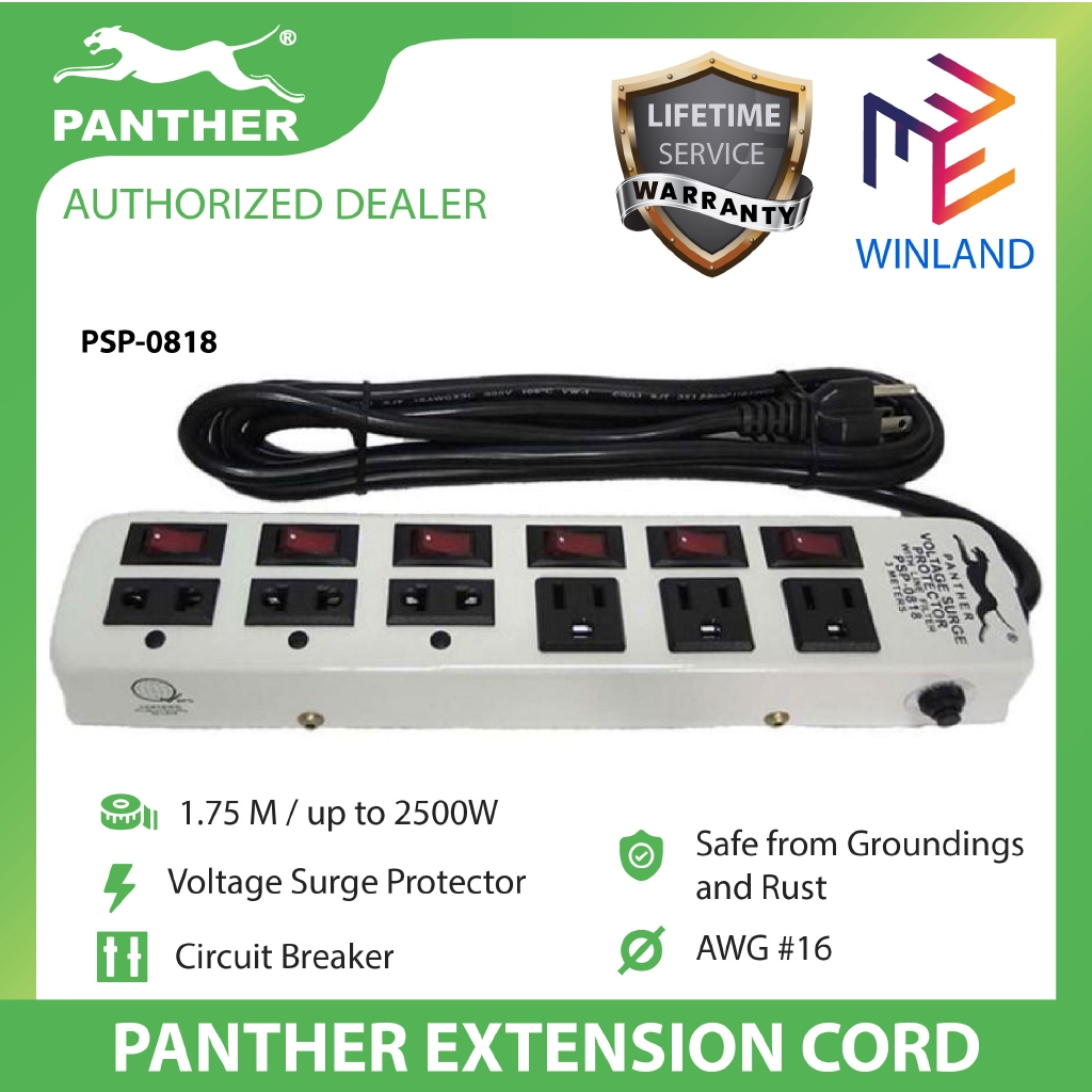 Panther Extension Cord with Surge Protector 6 Outlets w/ Individual