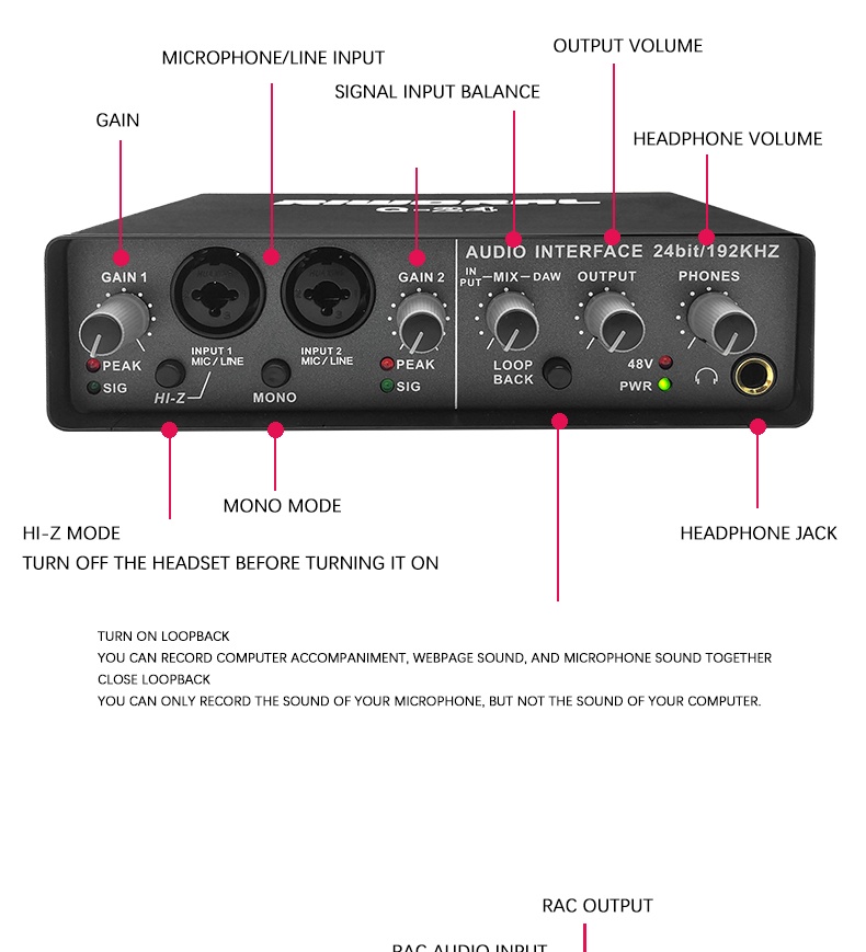 RIWORAL Q24 Sound Card Professional Audio interface System Stereo Mono