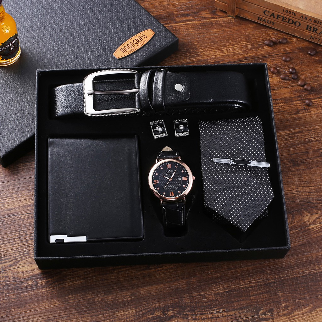 5pcs Set Men S Watches Wallet Belt Gift Set Boutique Men Wrist Watch Belt Folding Wallet Tie Suit Present Box Gift Sets For Men S Dad Father S Day Birthday Gifts Valentine S Day Gifts Men S Gifts