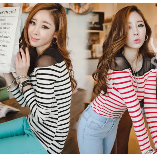 Korean Round Neck Stripe Long sleeve Tshirt For women | Shopee Philippines