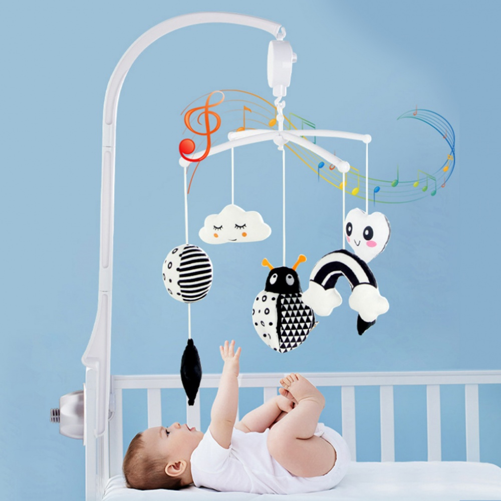 Black & White Baby Crib Mobile - High Contrast Musical Mobile With Detachable Toys For Newborns