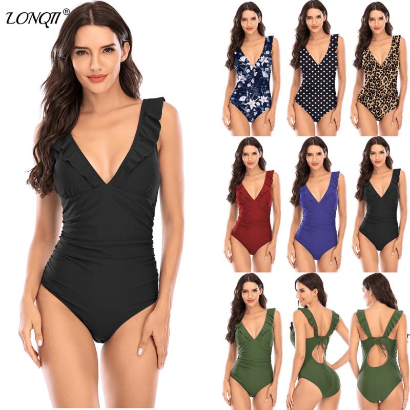 2022 New Bikini Solid Color Flying Belly Slimming Conjoined Conservative Swimsuit Women Shopee
