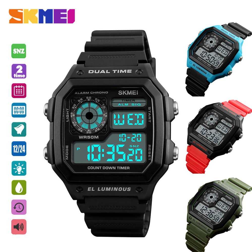 SKMEI 1299 Men's Sports Watch Dual Time Daily Alarm Snooze Hourly Chime Timed Reminder Chronograph Countdown Calendar 50