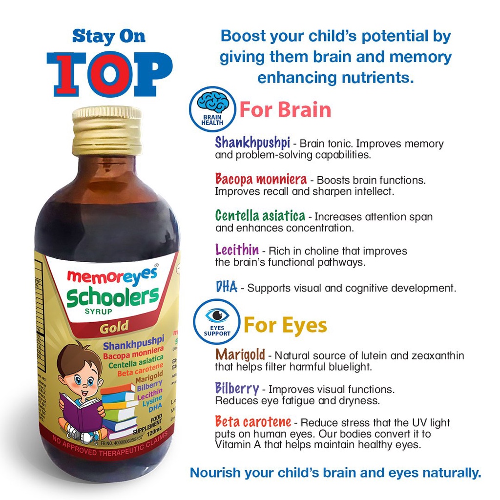 Memor Eyes Schoolers Gold Syrup 120ml Brain & Eye Supplement Memory ...