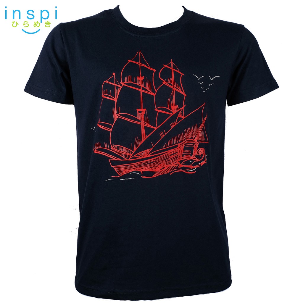 navy blue and red graphic tees