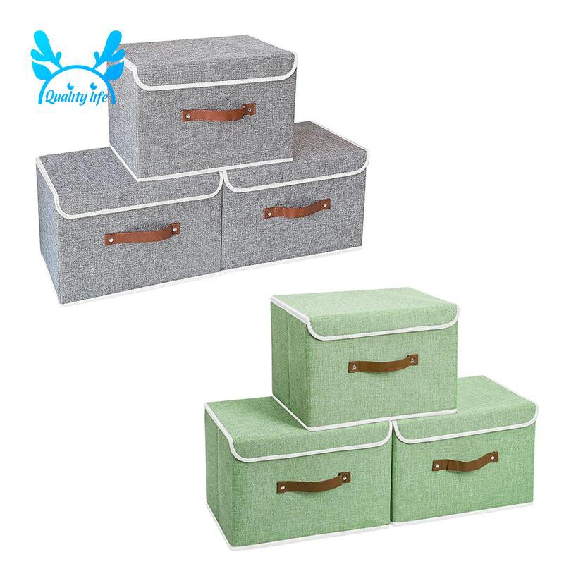 3 Pack Storage Boxes with Lids,Collapsible Linen Fabric Storage Basket Bins for Towels,Books,Toys,Clothes,Green