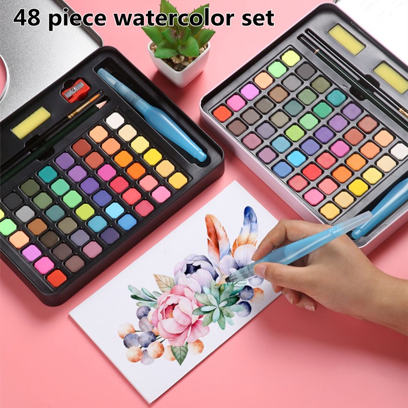 48 colors solid water color paint set metal iron box