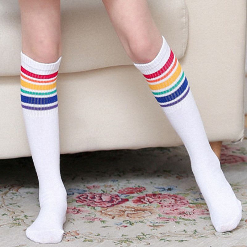 Jungen Mädchen Baumwolle Kniestrümpfe Kinder Rainbow Socks 