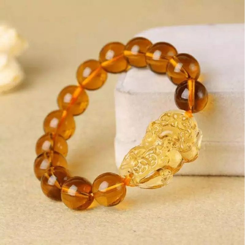 Transparent Gold Crystal Prayer Beads Bracelet / 10mm Citrine Yellow Crystal Pi Yao / Pi Xiu Beads Bracelet For Wealth Luck Men & Women / Good Sumbalth Symbols Clear Color Sumbalth