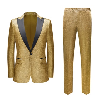 Mens Luxury Gold Sequins Two Pieces Set Suits One Button Peak Lapel Dress Tuxedo Suit with Pants Club Party Dinner Costume Homme