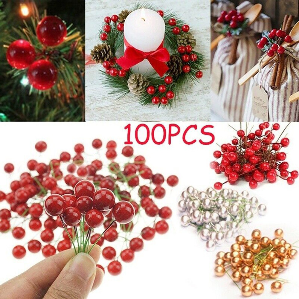 200PC Artificial Red Holly Berry Ornament DIY Craft Accessories Christmas Decor 