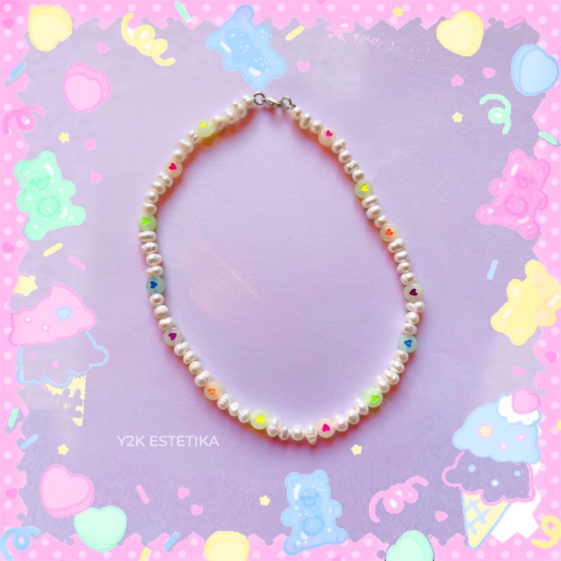 Y2K heart beads with Real Freshwater Pearl necklace PASTEL HEART by
