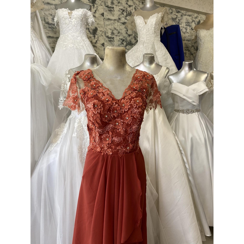 Chiffon and Lace Hlater Long Gowns Rust Plus Size