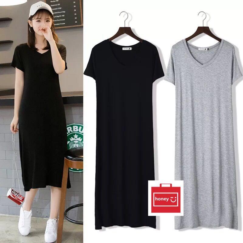 Short Sleevess Long Dress Korean Shirt Dress - Honey Fashion | Shopee ...
