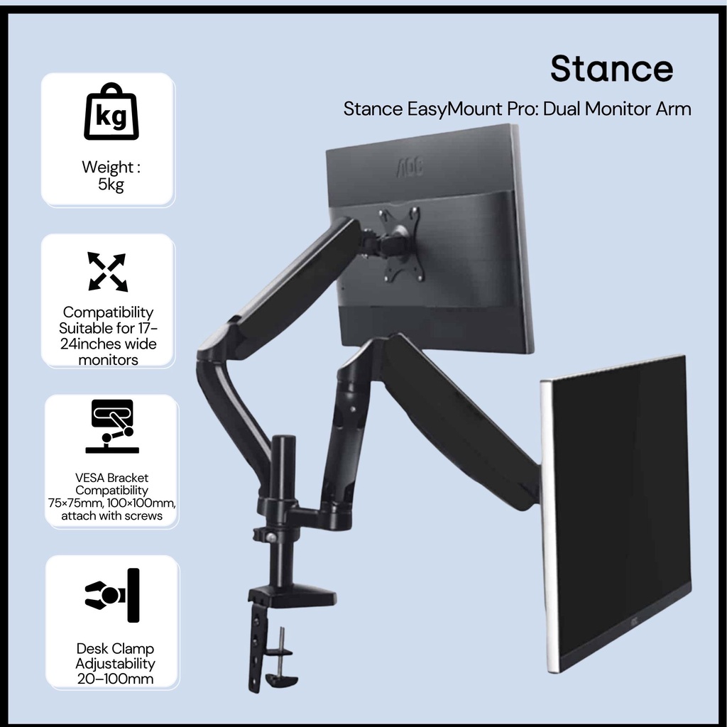 Stance Pro Dual Monitor Adjustable Arm for HeavyStacked Monitor Set up