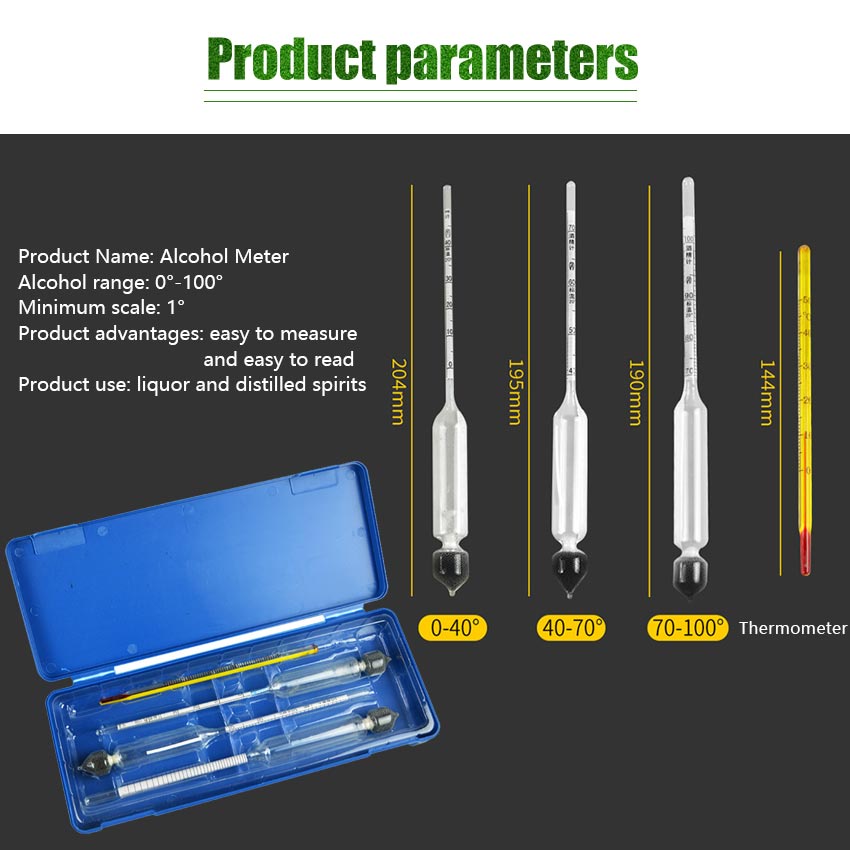 3 Pcs/Set Alcohol Tester Hydrometer Alcohol Meter 0-100% Concentration Meter + Thermometer
