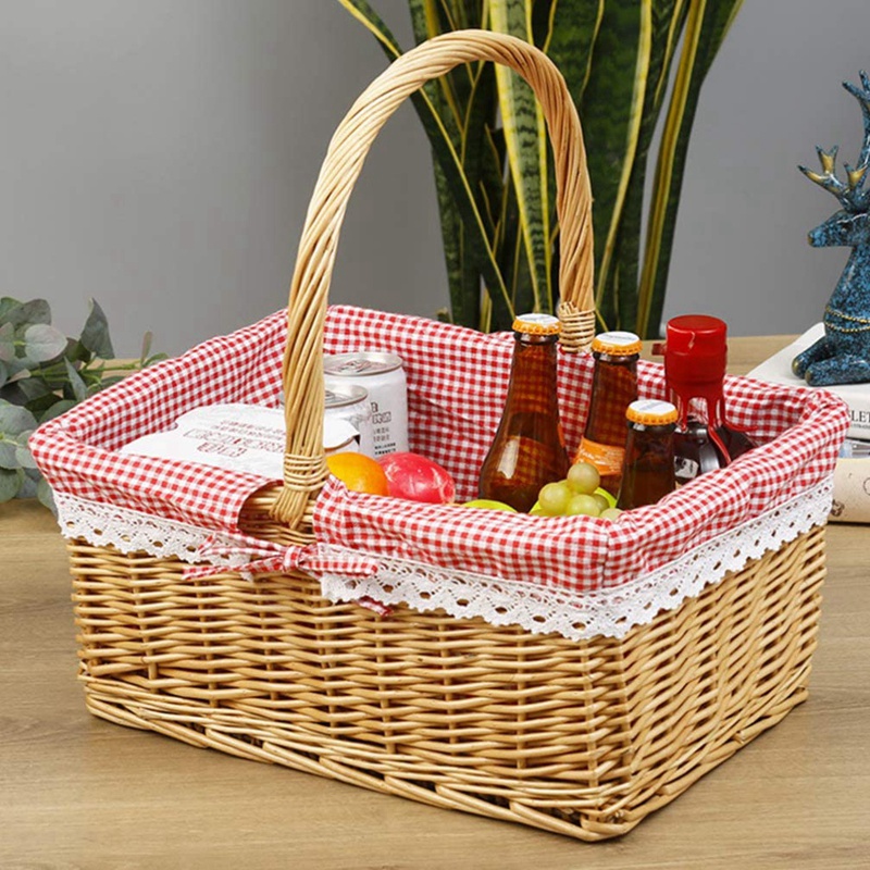 Picnic Basket Wicker Basket Shopping Basket Rectangle Red Liner Handle Gift Basket Bread Basket Vegetable Basket