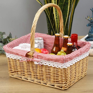Picnic Basket Wicker Basket Shopping Basket Rectangle Red Liner Handle Gift Basket Bread Basket Vegetable Basket #3